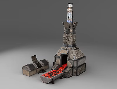 Stone Furnace with Tall Chimney and Metal Barrel Filled with Red Glowing Coals 3d model