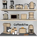 Stylish Kitchen Appliances Display With Coffee Tea Makers And Toasters On Shelves