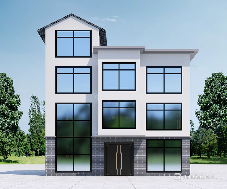 Modern Three Story Detached Villa With Large Glass Windows Double Doors And Green Lawn 3d model 