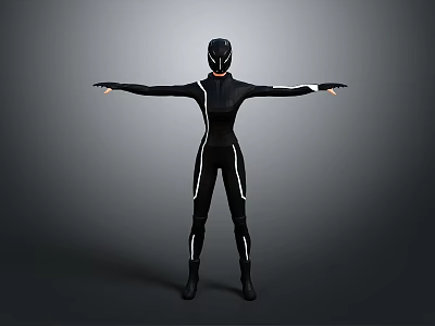 3D Character In Black Bodysuit With Black Helmet And Arms Outstretched On Gray Background 3d model