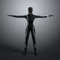 3D Character In Black Bodysuit With Black Helmet And Arms Outstretched On Gray Background