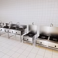 Modern Commercial Kitchen Appliances With Stainless Steel Storage Cabinets And Sink Stations