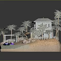 Tropical Coastal Beach Scene With Palm Trees Small House And Boats On Sandy Shore