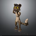 Anthropomorphic Cat Character With Yellow Eyes Brown Body White Tail Tip In 3D Standing Pose