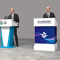 Modern Blue White Functional Desk With Logo For Innovation Festival Presentation Event