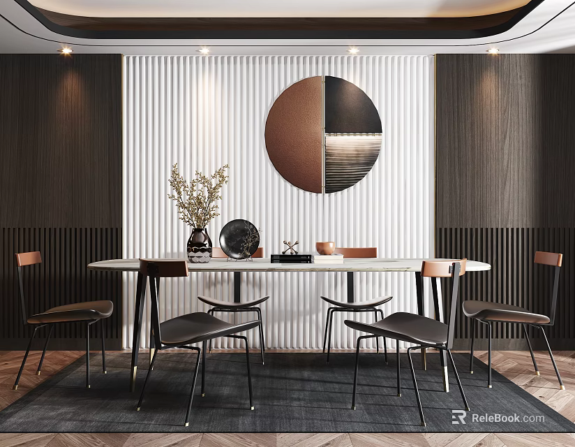 Modern Dining Table Set With Dining Chairs Circular Wall Decor And Potted Plant 3d model