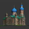 Traditional European Architecture With Blue Domes Green Roof Tower And Brick Red Walls