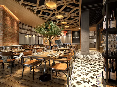 Stylish Restaurant Interior With Brick Wall Geometric Ceiling Hanging Lights Tree And Patterned Tiled Floor 3d model