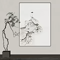 Minimalist Interior Wall Decor With Ink Painting Mountain Rocks And Green Plant