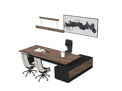Wooden Office Desk With Notebook Pen Cup Two Rolling Chairs Modern Wall Art And Shelf 3d model