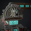 Mechanical Industrial Structure With Gears Green Glowing Strips And Red Accents