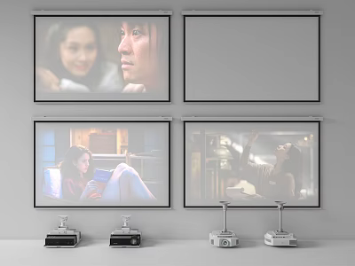 Projection Monitoring Setup With Multiple Projection Screens And Monitoring Devices On Stands 3d model