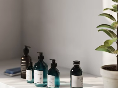 Minimalist Perfume Cosmetics Bottles In Dark Teal Tones On White Surface With Green Plant 3d model