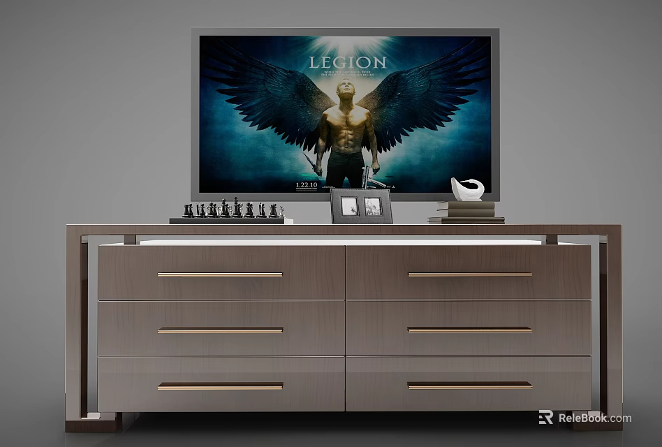 Modern TV Stand With Drawers And Metal Handles Holding TV And Decor Items 3d model 