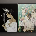 Elegant Female And Group Portrait Paintings With Flowers Black And Colorful Backgrounds