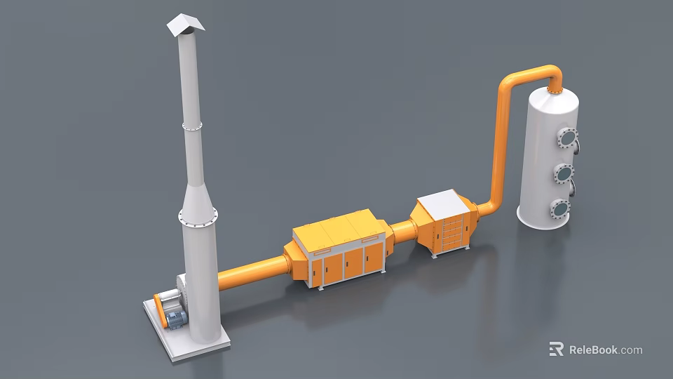 Industrial Equipment System with White Chimney Orange Pipes and Processing Units 3d model 