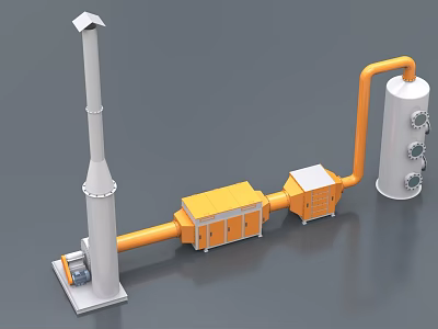 Industrial Equipment System with White Chimney Orange Pipes and Processing Units 3d model