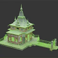 Traditional Multi tiered Architectural Structure With Spire Roof Red Walls Gray Roofing And Platform Railing