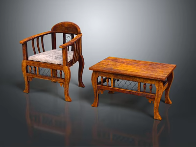 Vintage Wooden Chair And Coffee Table With Carved Patterns And Upholstered Seat 3d model