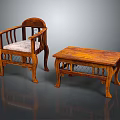 Vintage Wooden Chair And Coffee Table With Carved Patterns And Upholstered Seat