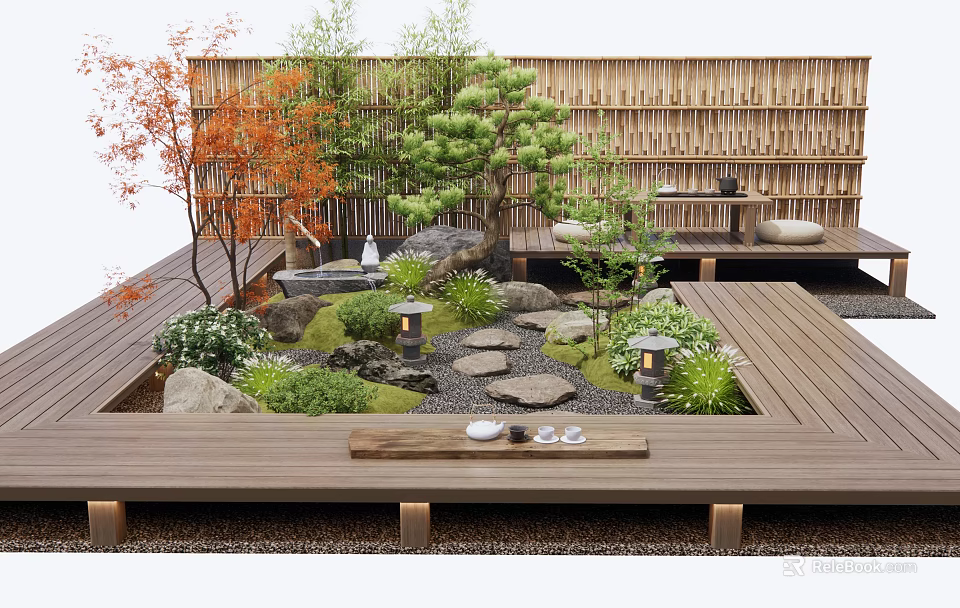 Tranquil Japanese Garden With Wooden Deck Bamboo Fence Stone Path Maple Pine Trees And Lanterns 3d model 