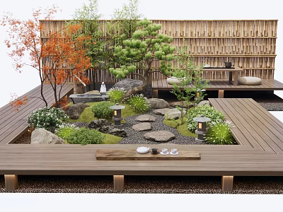 Tranquil Japanese Garden With Wooden Deck Bamboo Fence Stone Path Maple Pine Trees And Lanterns 3d model