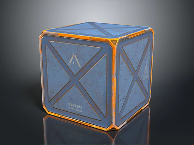 Blue Cube Storage Box with Orange Edges and Cross Pattern Design for Home Living 3d model