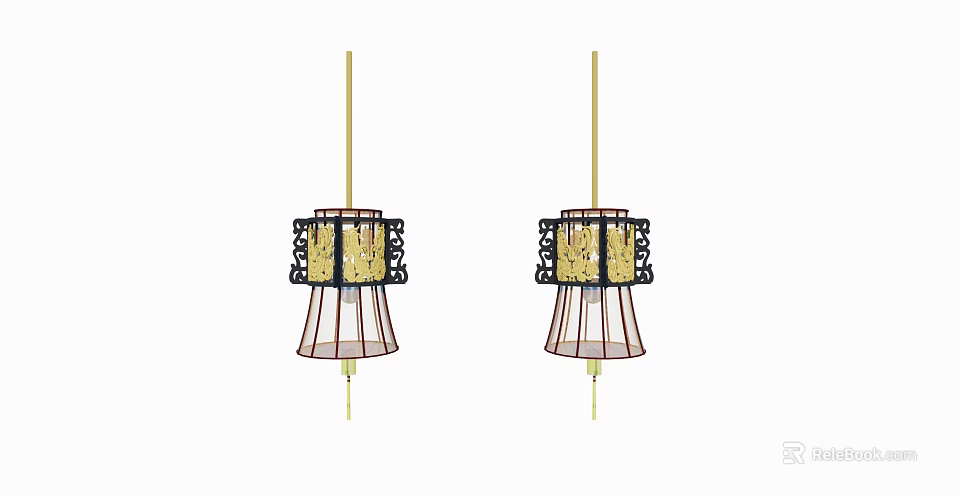 Two Hanging Traditional Chinese Lanterns With Red Gold Frame And Intricate Designs 3d model 