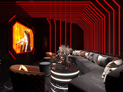 KTV Interior Design With Red Neon Lines Large Screen Grey Sofa And Round Coffee Table 3d model