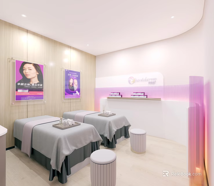 Modern SPA Room Interior With Two Massage Beds Gray Sheets And Purple Lighting Decor 3d model 