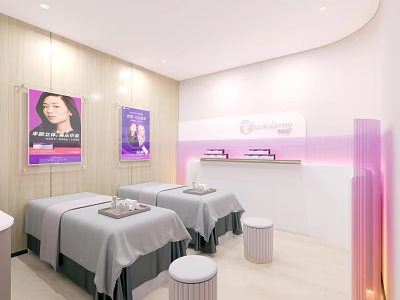 Modern SPA Room Interior With Two Massage Beds Gray Sheets And Purple Lighting Decor 3d model