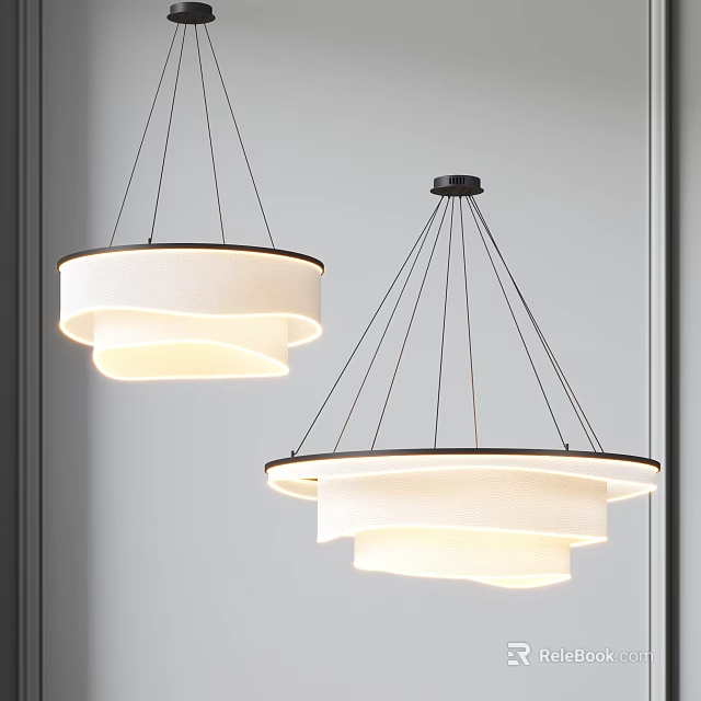 Elegant Modern Layered White Fabric Shade Chandeliers With Black Thin Suspension Wires 3d model 
