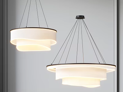 Elegant Modern Layered White Fabric Shade Chandeliers With Black Thin Suspension Wires 3d model