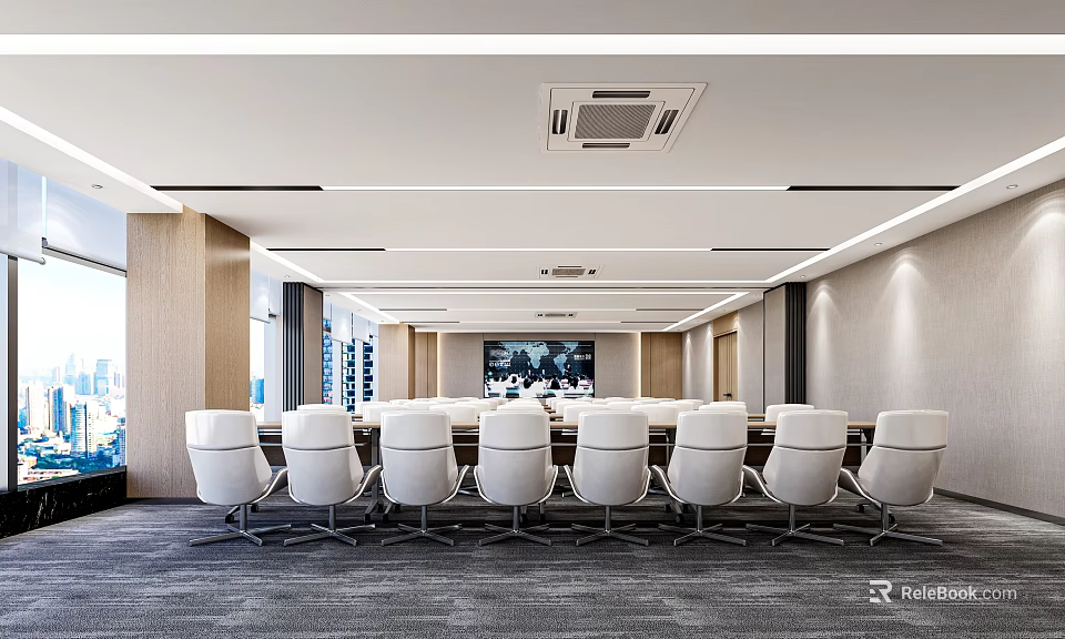 Modern Conference Room Interior With Long Table White Chairs And Large Screen 3d model 