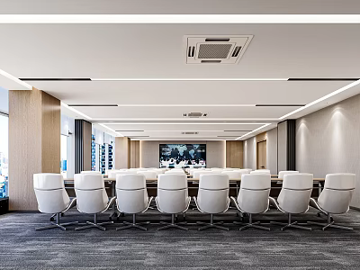 Modern Conference Room Interior With Long Table White Chairs And Large Screen 3d model