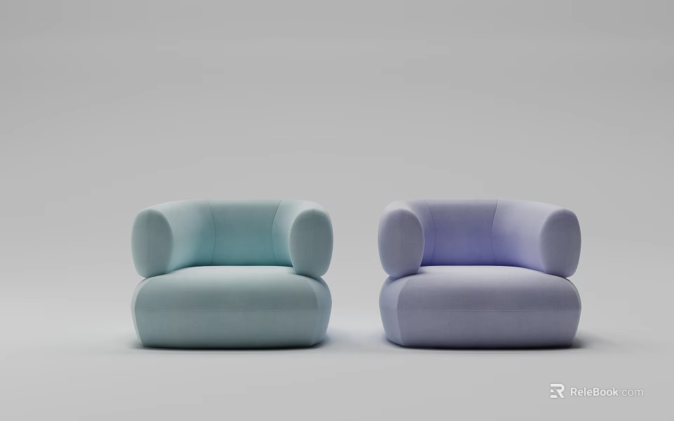 Two Light Blue And Light Purple Single Sofas With Minimalist Rounded Shape In Gray Background 3d model