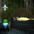 Hotel Room Interior With Round Wicker Bed Lush Green Vines Fireplace And Hanging Lights
