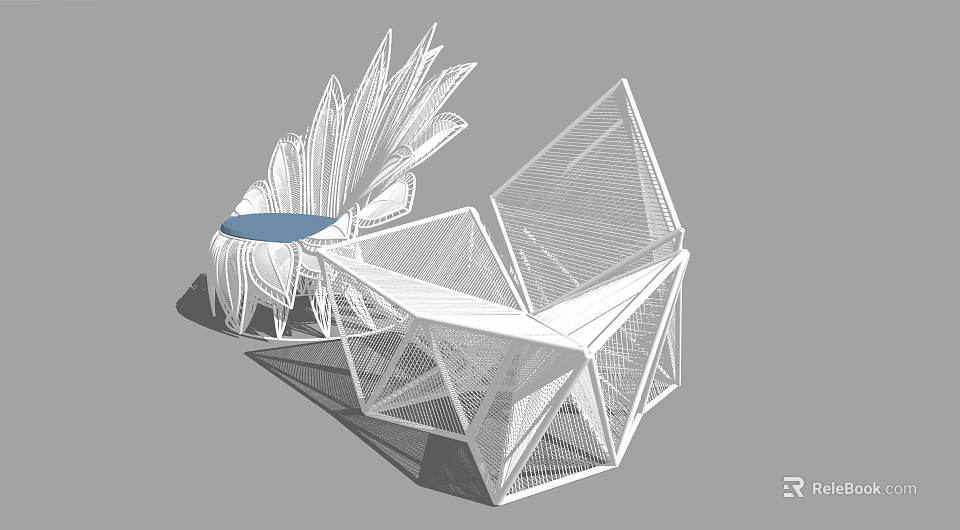 Modern Geometric Single Chair With Wireframe Design Blue Cushion And Hollow Structure 3d model 