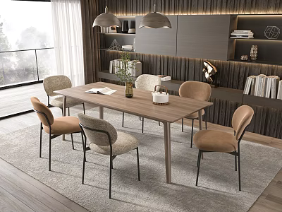 Modern Dining Table Set with Upholstered Chairs Pendant Lights and Bookshelves Floor to Ceiling Windows 3d model
