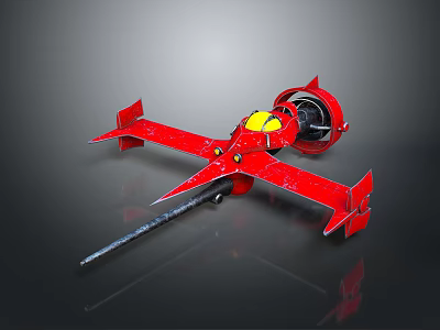 Red Mechanical Device Featuring Yellow Components Wing Like Structures And Long Rod On Black Background 3d model