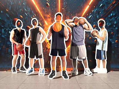 Group Photo Spot Featuring Basketball Player Silhouettes Holding Basketballs Tech Inspired Glowing Lines Dark Backdrop 3d model