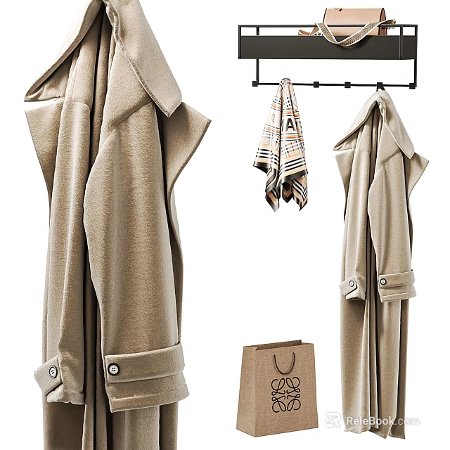 Stylish Beige Coats Hanging On Rack With Scarf And Paper Bag 3d model 