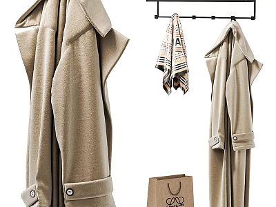 Stylish Beige Coats Hanging On Rack With Scarf And Paper Bag 3d model