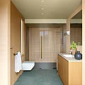 Modern Bathroom Interior Design With Wooden Cabinets Bathtub Large Window And Red Towel