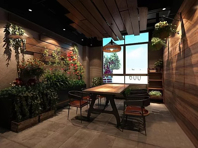 Warm Private Dining Room with Wooden Ceiling Green Plant Wall and Large Window 3d model