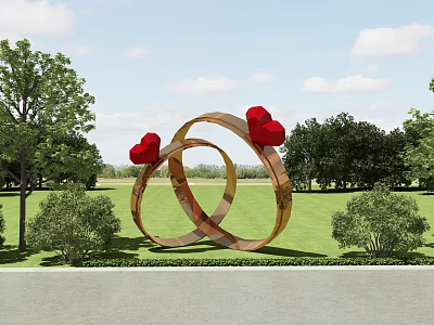 Park Landscape With Golden Circular Sculptures Red Heart Decorations Green Grass Trees And Blue Sky 3d model