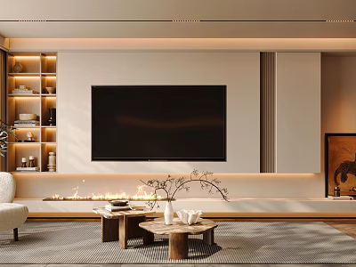 Modern Living Room Design With Large Screen TV Wall Fireplace Lighting Strips And Coffee Tables 3d model