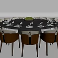 Round Dining Table Set With Leather Chairs Tableware And Green Centerpiece 3d model