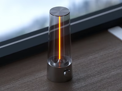 Unique Shaped Desk Lamp With Transparent Glass Cylinder Orange Light Metal Base On Wooden Tabletop 3d model