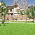 Traditional Japanese Courtyard Entrance With Thatched Gateway Stone Wall Flower Box And Blossoming Trees